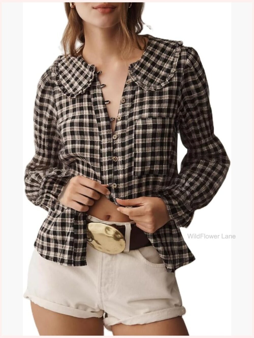 Y2k Plaid Gingham Ruffle Button Down Blouse Long Sleeve
